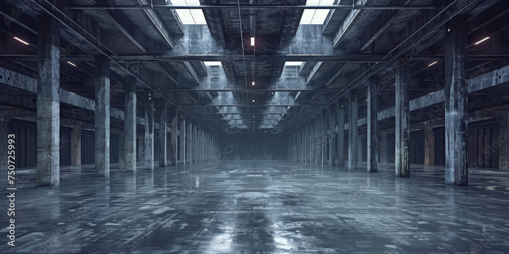 empty warehouse with steel beams and concrete columns, empty industrial ...