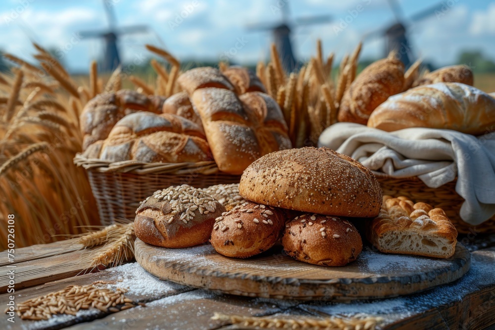 Assortment of fresh baked bread on wooden table at countryside