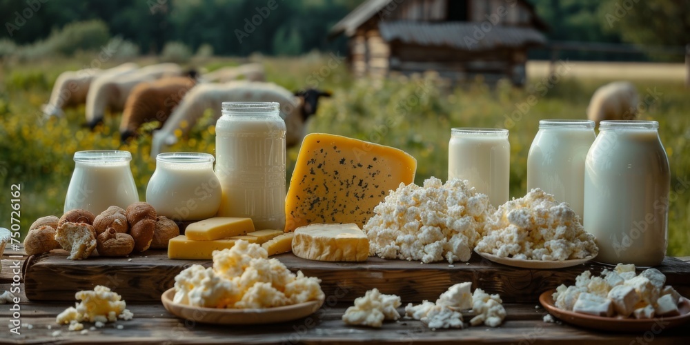 A variety of dairy products including milk, cheese, and yogurt beautifully arranged on a rustic wooden table amidst a blooming meadow with sheep in the background.