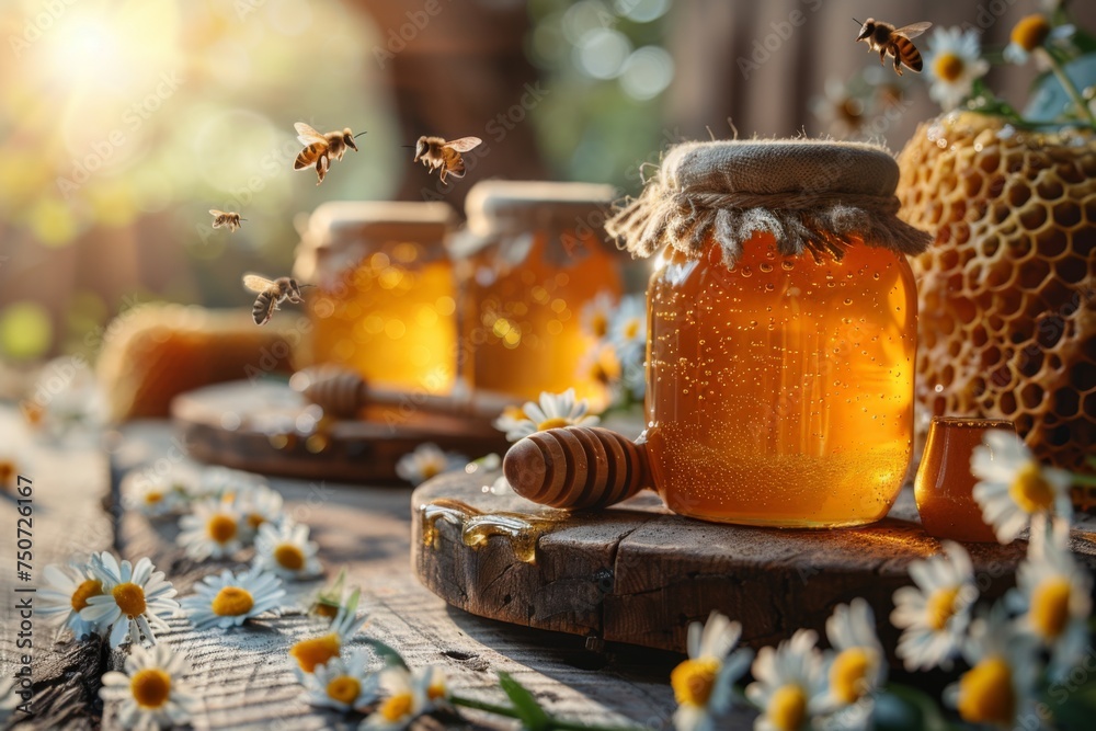 Honey jars and honeycomb on a wooden table amidst flowers Honey jars and honeycomb on a wooden table amidst flowers