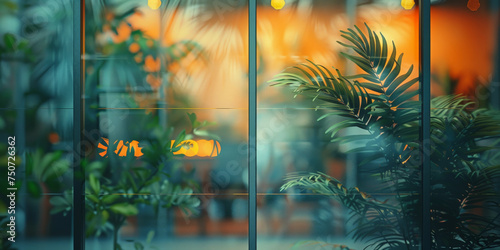 blurred glass office doors with interior glass door with plants in the background in modern office © Planetz