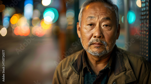 Close-up portrait of a asian middle age man in a city street scene photo