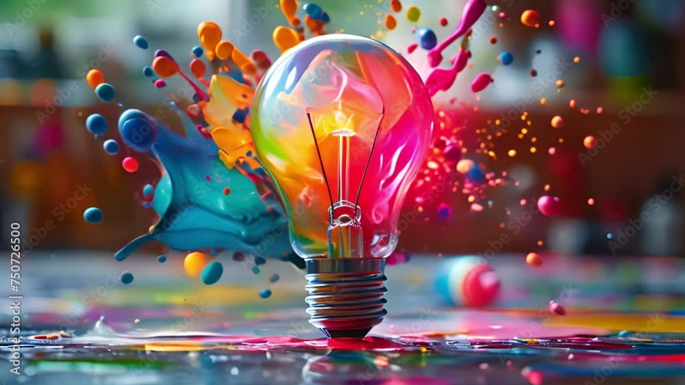 Creative concept light bulb explodes with colorful water colors on a light blue background. Think different, creative idea. Productivity and creativity