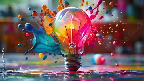 Creative concept light bulb explodes with colorful water colors on a light blue background. Think different, creative idea. Productivity and creativity photo