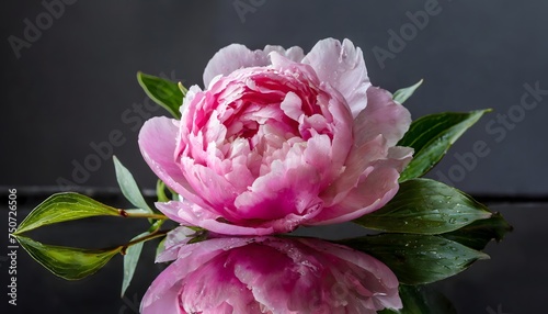 Close-up of a magnificent pink peony on a dark background and resting on a dark, shiny, reflective surface.
