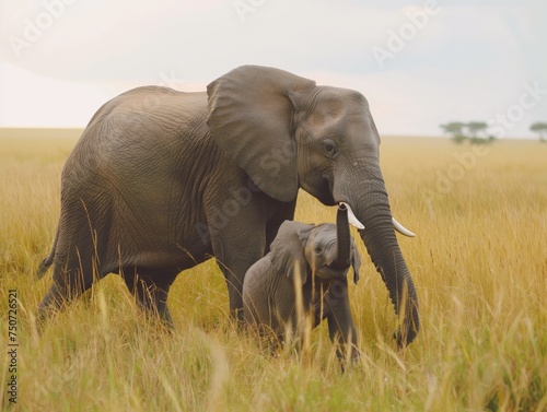 A baby elephant stays close to its protective mother in the vast African savannah, symbolizing family bonds © cherezoff