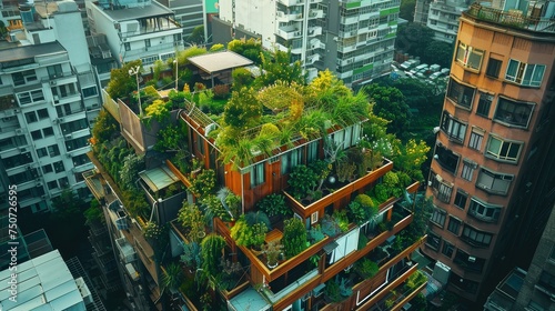 A stunning aerial perspective showcasing multiple levels of green rooftop gardens amidst the dense urban architecture.