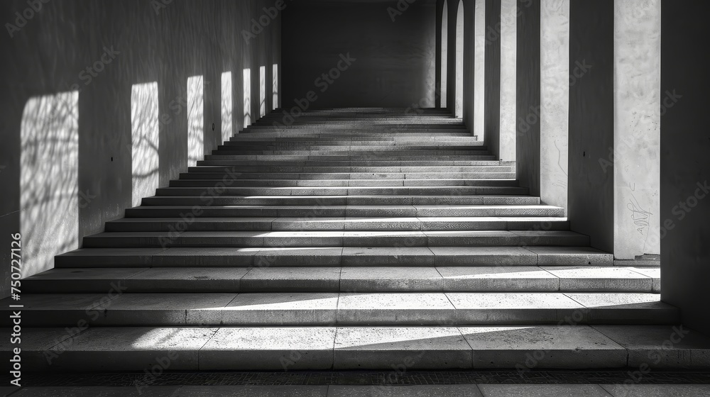Black and white image capturing the stark contrast of shadows and light over a flight of outdoor stairs. Black and white image capturing the stark contrast of shadows and light over a flight of outdoor stairs.
