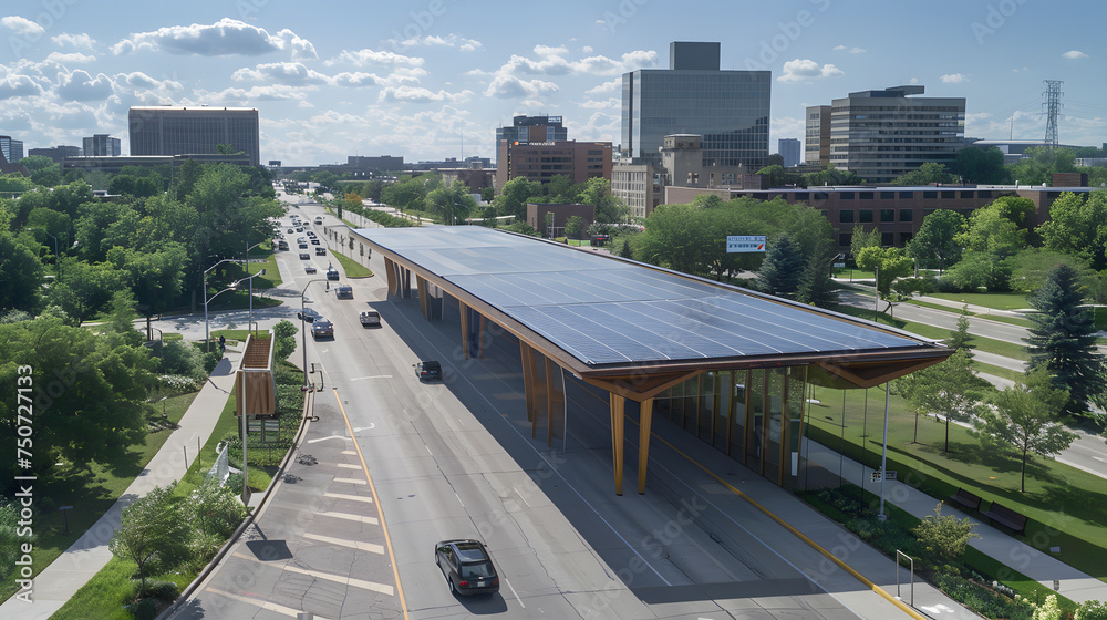 A solar power plant integrated into an urban environment, with solar panels installed on rooftops and along highways