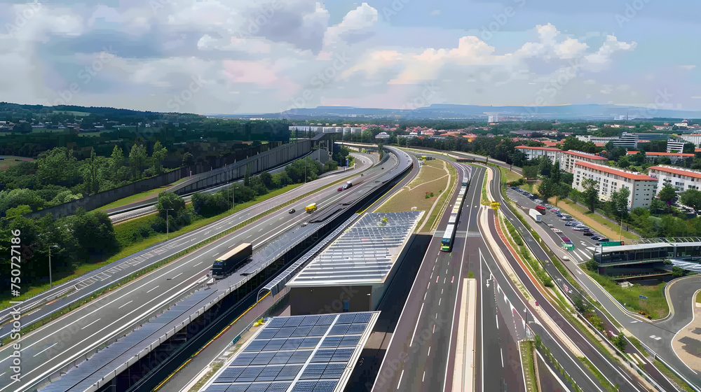 A solar power plant integrated into an urban environment, with solar panels installed on rooftops and along highways