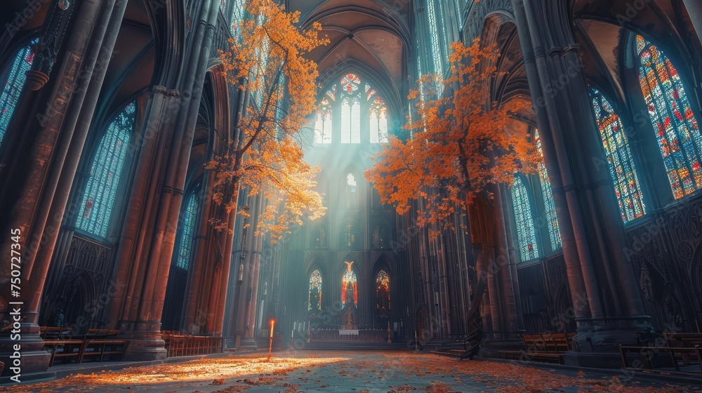 Sunlight filters through the stained glass windows of a Gothic cathedral, casting a warm, ethereal glow on the autumn leaves scattered across the floor. - obrazy, fototapety, plakaty 