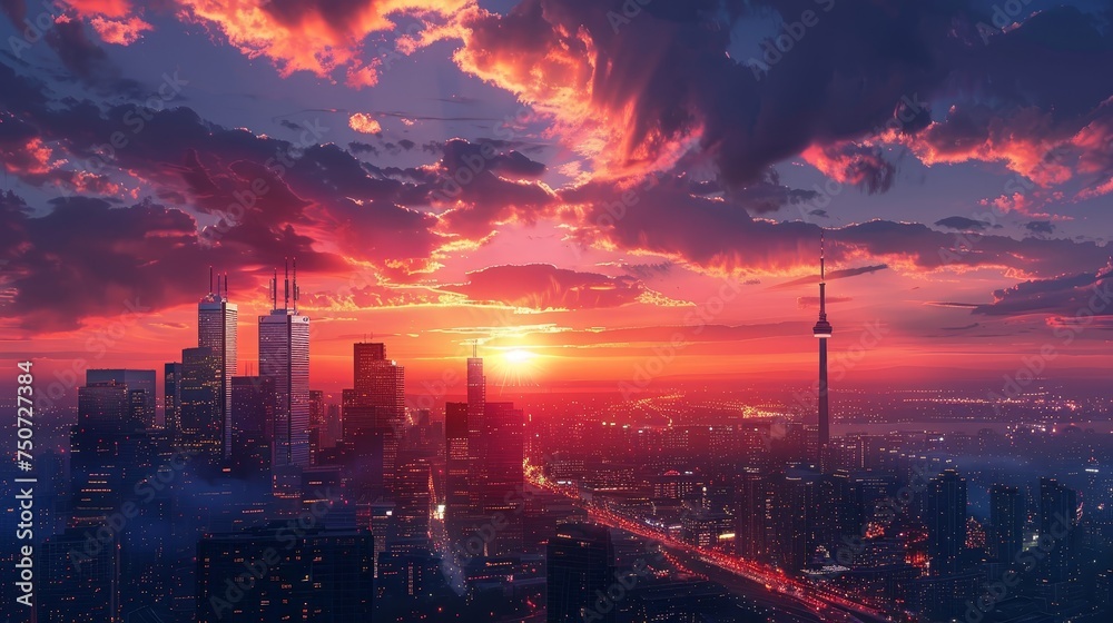 A spectacular fiery sunset casts a warm glow over a bustling modern city skyline, highlighting a dramatic cloudscape.