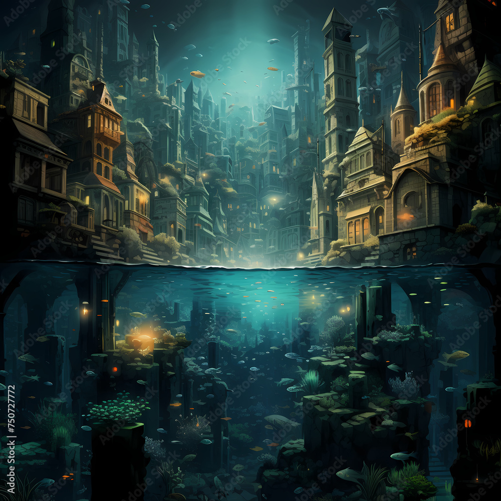 Surreal underwater cityscape.