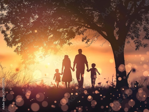 A heartwarming scene of a family walking hand in hand, basking in the golden glow of the setting sun