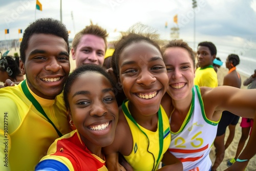A group of happy, smiling, diverse Olympic athletes take pictures, take selfies together