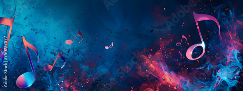 A music note wallpaper banner background, blue fire design in illustration.