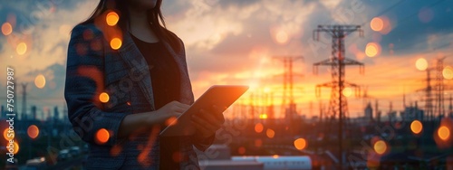Businesswoman hand hold tablet, concept sustainable development of energy and power grids. Silhouette of High voltage electric tower on sunset time background