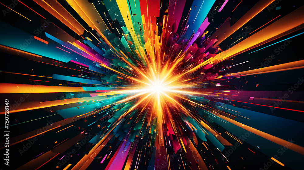 Experience an explosion of abstract shapes and colors forming a dynamic rainbow burst. Geometric patterns intertwine in a visually stunning display of creativity Experience an explosion of abstract shapes and colors forming a dynamic rainbow burst. Geometric patterns intertwine in a visually stunning display of creativity