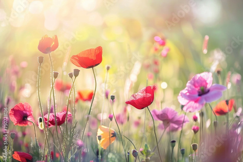 Beautiful meadow with red poppy flowers in the sunlight