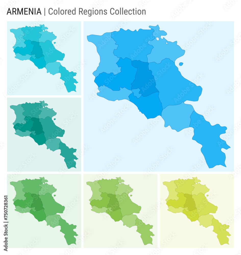 Fototapeta premium Armenia map collection. Country shape with colored regions. Light Blue, Cyan, Teal, Green, Light Green, Lime color palettes. Border of Armenia with provinces for your infographic. Vector illustration.