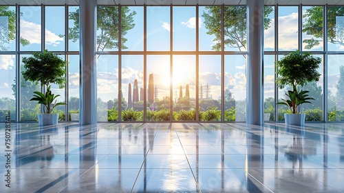 clean hall with big glass windows against that environment for mockup wide banner design