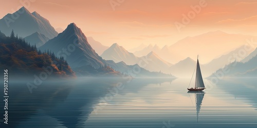 A serene image of a sailboat gliding over calm waters with misty hills in the background