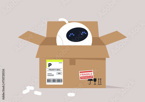 Sentient Robot assistant Unboxed in New Home, A freshly unpacked AI helper with wide eyes peers out from its cardboard box