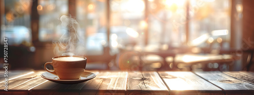 Steaming cup of coffee sits on a cafe table, ready to jumpstart a morning breakfast