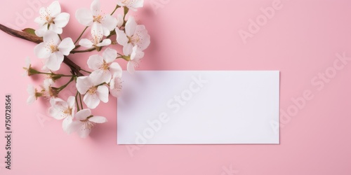 White Flowers Branch With Card on Pink Background