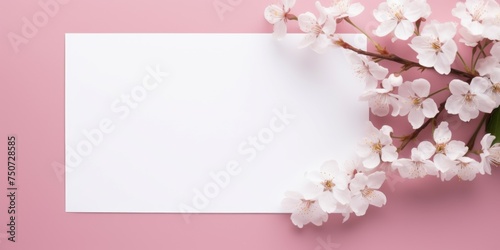 Pink Background With White Flowers and Blank Paper