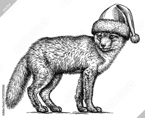 Vintage engraving isolated fox set dressed christmas illustration ink santa costume sketch. Wild animal background foxy animal silhouette new year hat art. Black and white hand drawn vector image