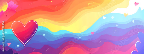 Abstract, colorful pride rainbow swirls with heart shapes for a playful background design. © Alice a.