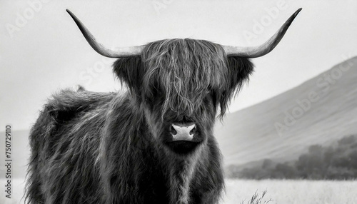 black and white scottish highland cow on the farm photo
