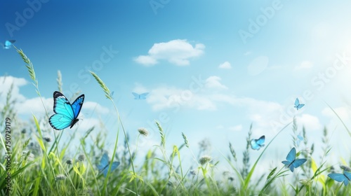 Blue Butterfly Flying Over Lush Green Field © we360designs