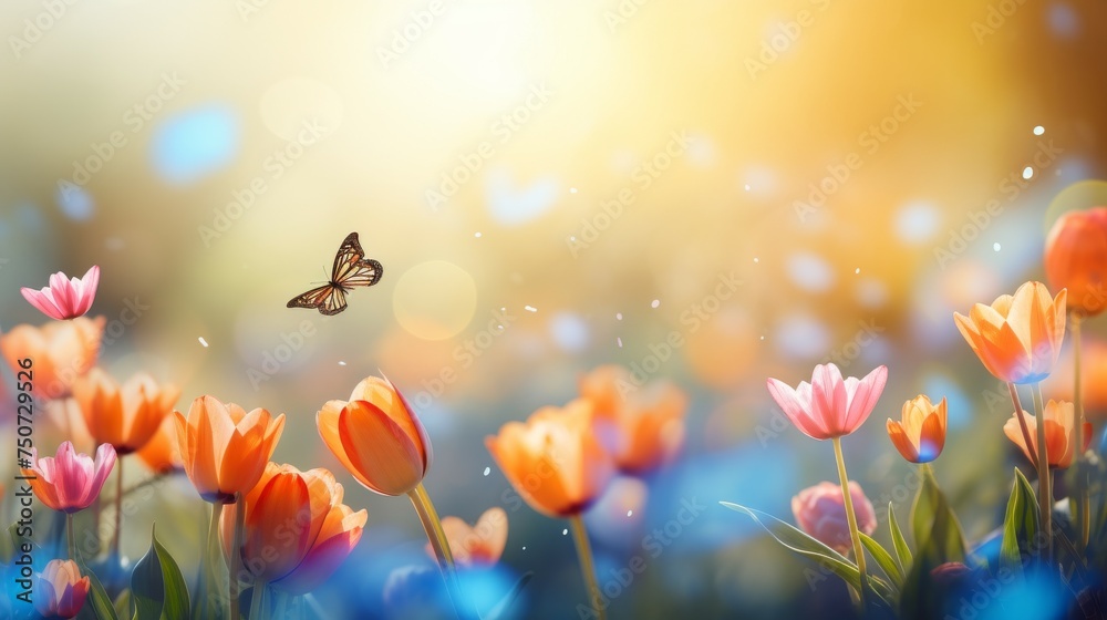 Butterfly Flying Over Field of Flowers