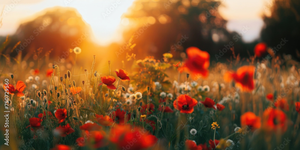 Beautiful meadow with red poppy flowers in the sunset light