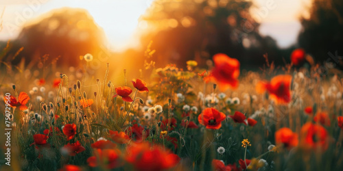 Beautiful meadow with red poppy flowers in the sunset light © pilipphoto