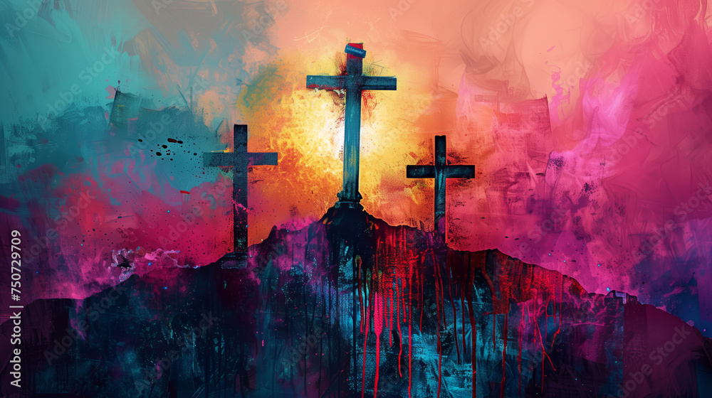 dry brush three crosses in abstract and colorful treatment, on a mountaintop with the center cross being larger that the other two. Light shine down on the center cross - obrazy, fototapety, plakaty 
