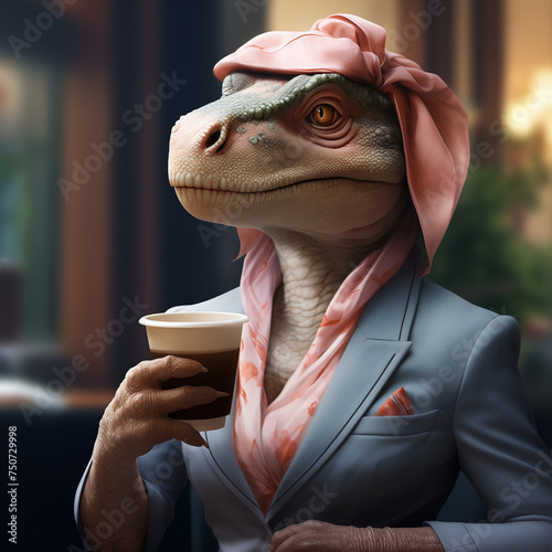 Feminine AI Tyrannosaurus Rex images, drinking coffee. Dinosaurs as people. Anthropomorphism