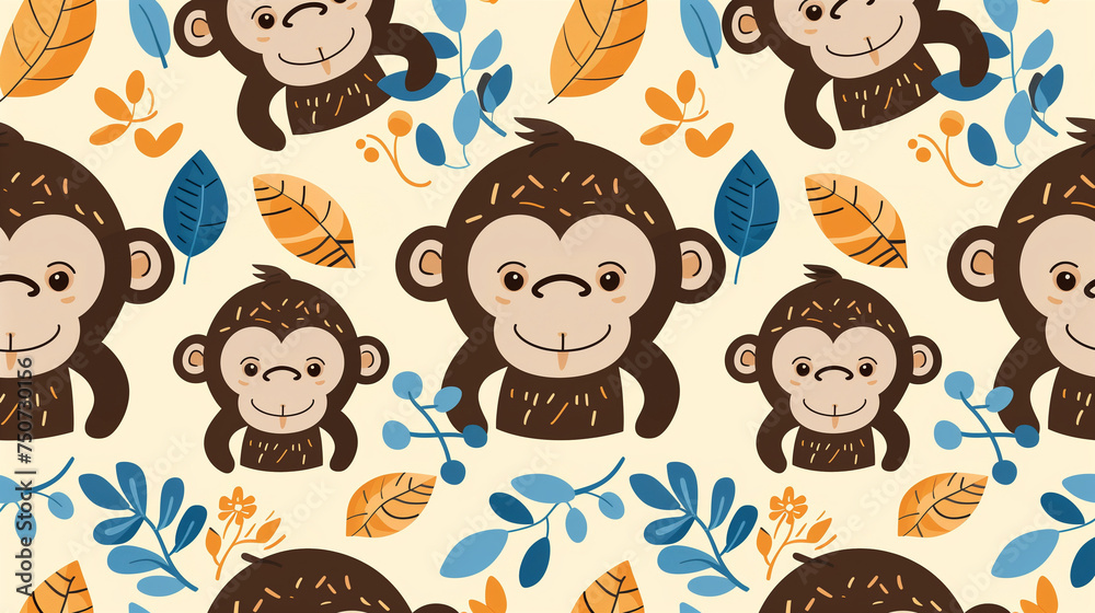 Seamless pattern with cute cartoon monkeys, tropical leaves and flowers, perfect for children's fabric or wallpaper design.
Seamless pattern with cute cartoon monkeys, tropical leaves and flowers, perfect for children's fabric or wallpaper design.