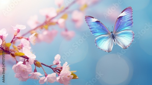 Blue Butterfly Flying Over Pink Flower