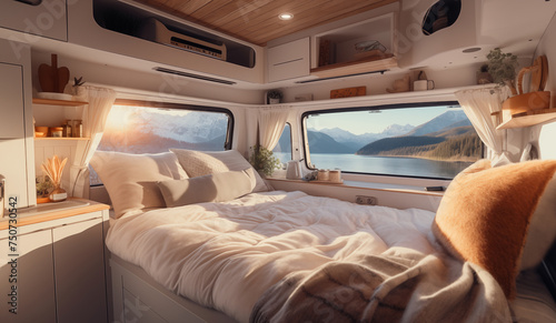 Styled Camper Van with Serene light Tones, organic Decor, ambience cozy bed. Beautiful summer mount lake Through Window. Explore Mobile Living in Captivating Home on Wheels. Auto traveling concept