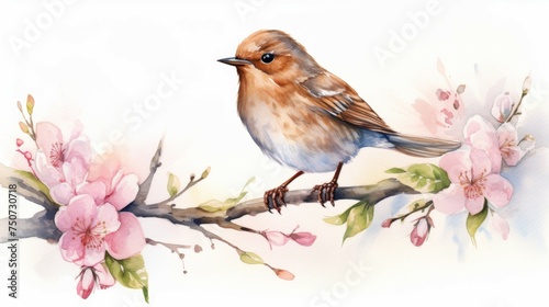 Bird on Branch With Pink Flowers Watercolor Painting