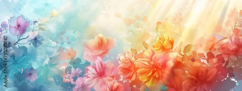 dreamy  watercolor background featuring vibrant blossoms in various stages of bloom. The colors should transition from soft pastels to more vivid hues