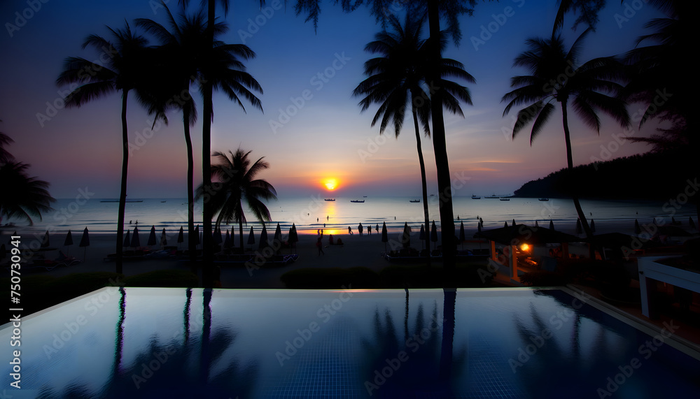 a picturesque seaside scene at sunset. Silhouettes of tall palm trees frame the view, with the ocean in the background under the hues of the setting sun