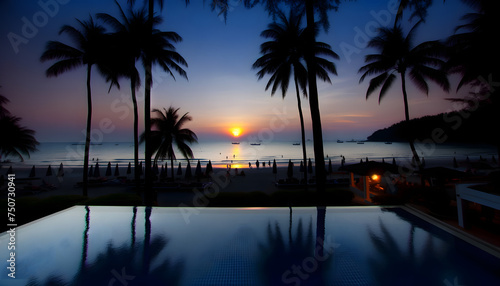 a picturesque seaside scene at sunset. Silhouettes of tall palm trees frame the view  with the ocean in the background under the hues of the setting sun