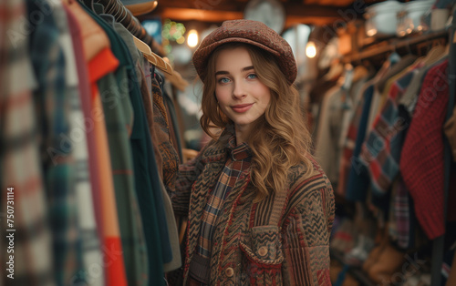 The girl walks on the souvenir market in an Asian country, a beautiful smiling woman with a beautiful smile and eyes among many merchant merchandise and souvenirs in the middle of the street
