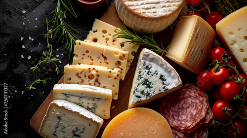 Various types of cheese on a black wooden background. Top view.
