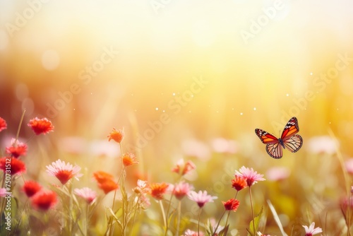 Butterfly Flying Over Field of Flowers