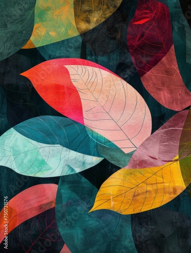 A vibrant painting depicting various colorful leaves swirling and dancing against a stark black background, creating a striking contrast and visual impact.